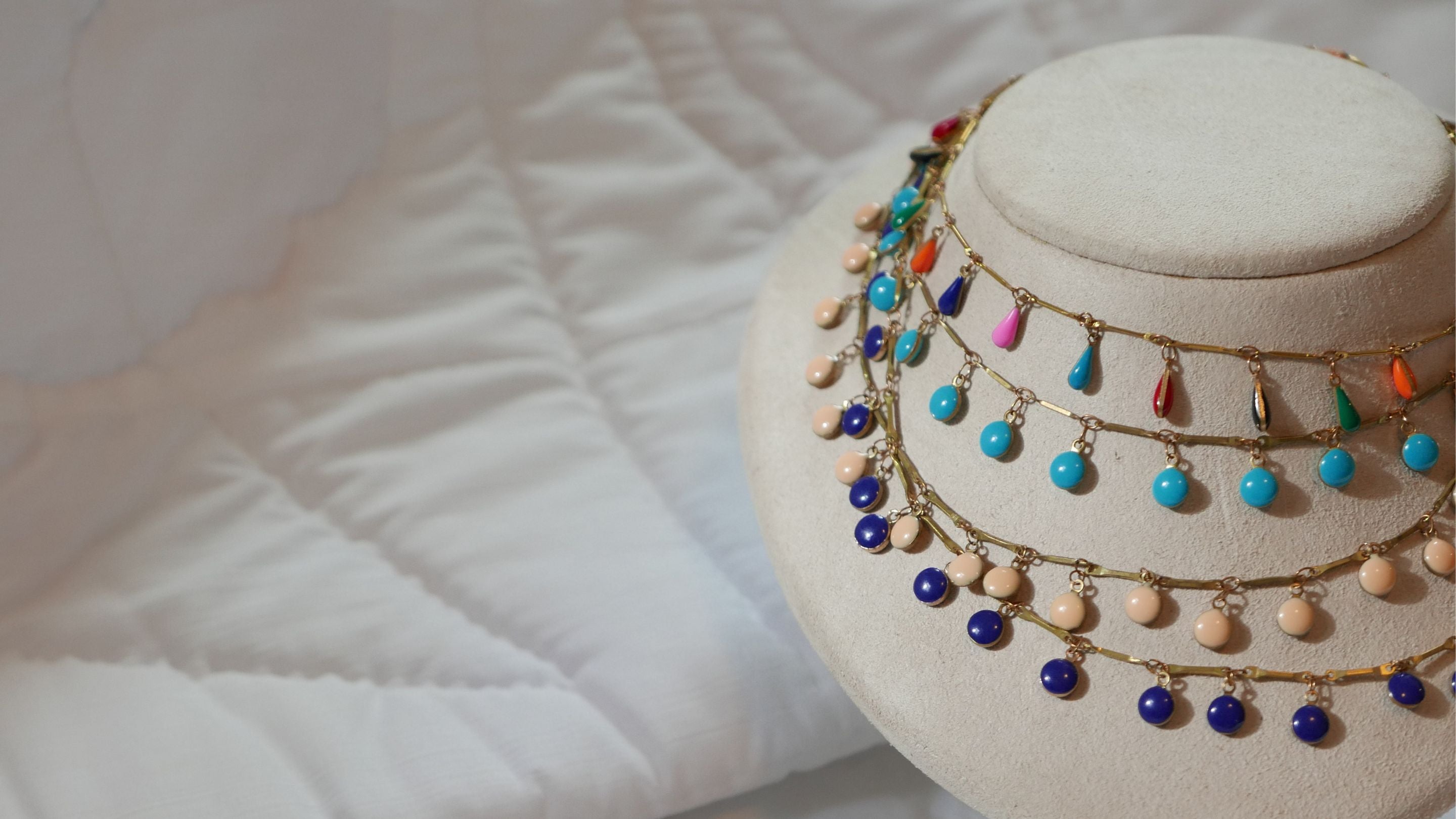 colorful choker necklaces on neck