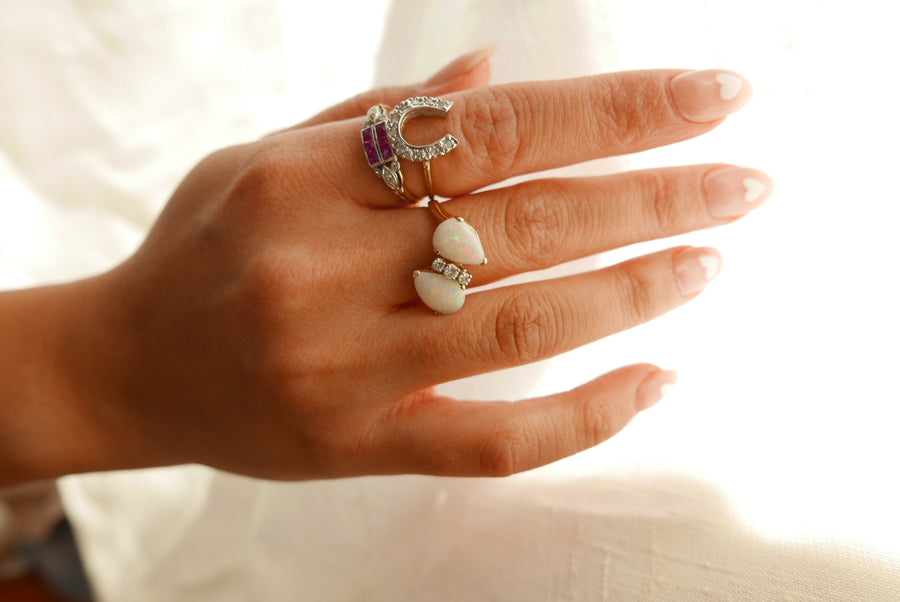 Opal and Diamond Antique Toi et Moi Ring (5.5) - Stone Cooper