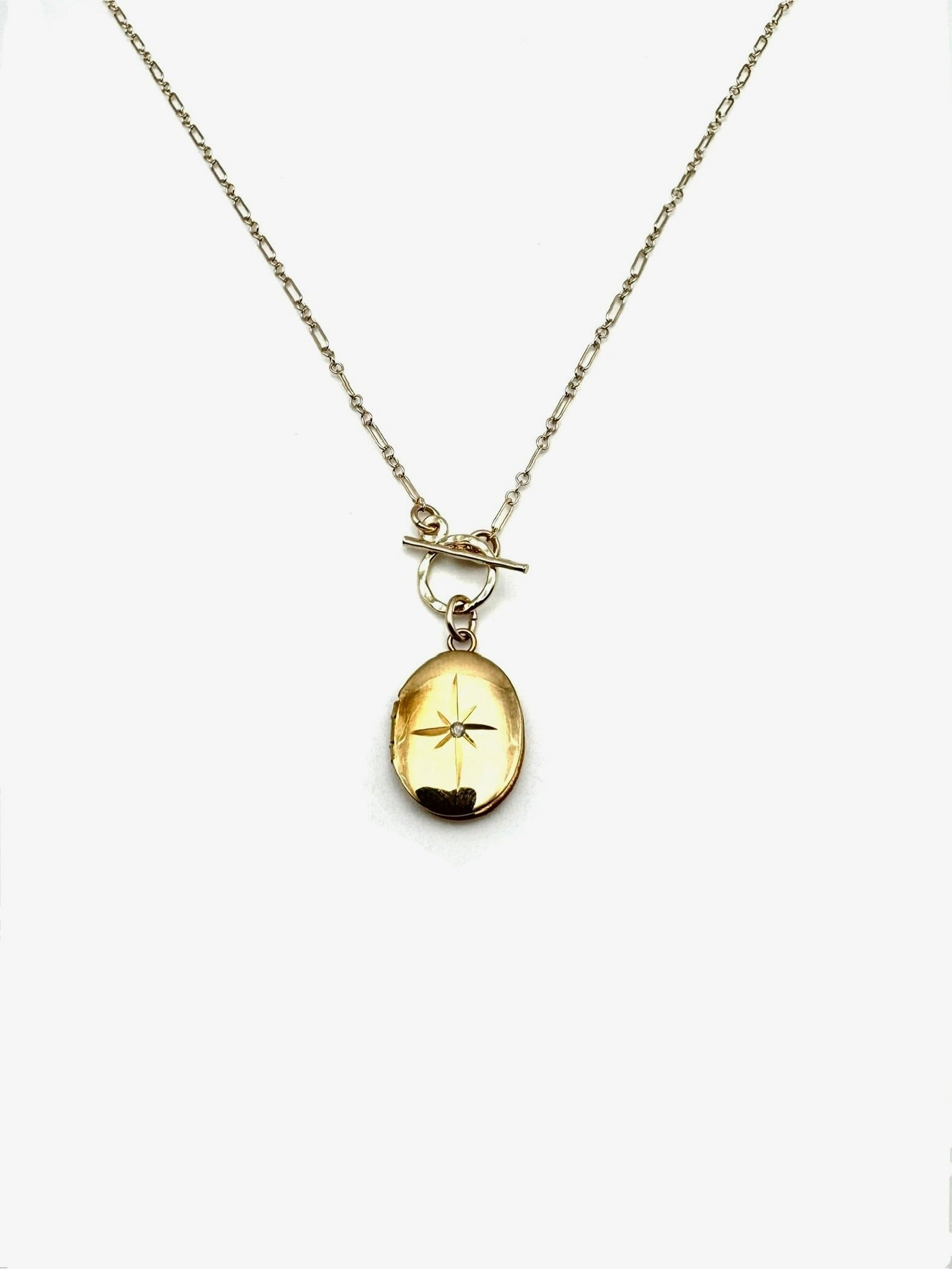 Vintage Gold Fill Oval Diamond Locket Toggle Necklace - Stone Cooper