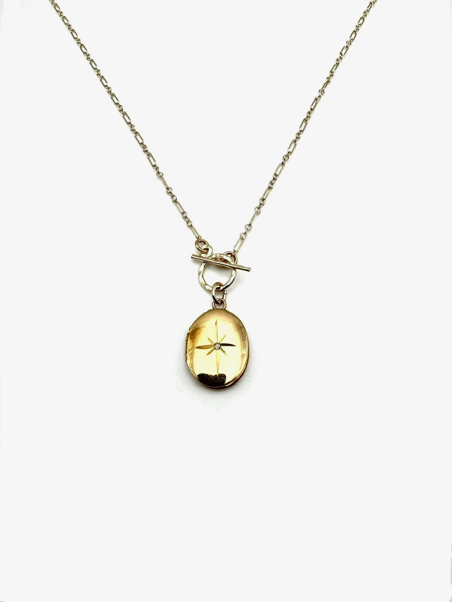 Vintage Gold Fill Oval Diamond Locket Toggle Necklace - Stone Cooper