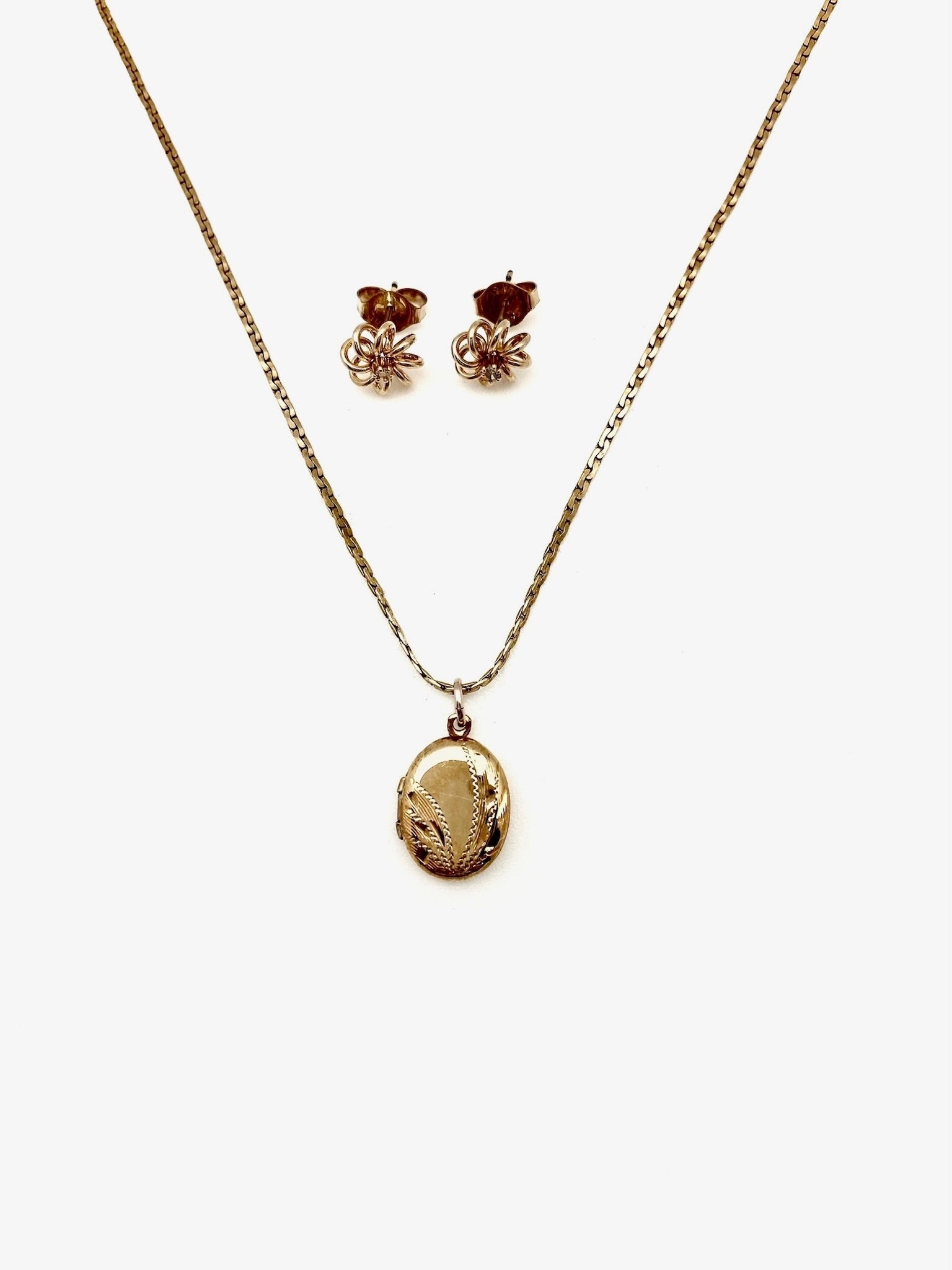 Gold Filled Locket + Diamond Stud Set