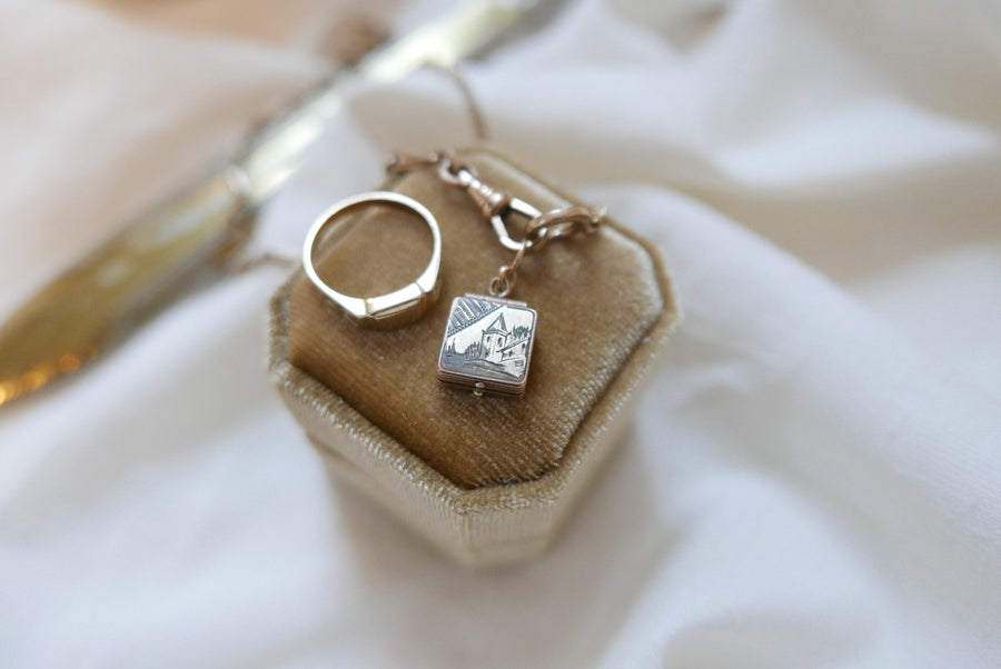 Victorian Engraved Castle Locket on Watch Chain - Stone Cooper