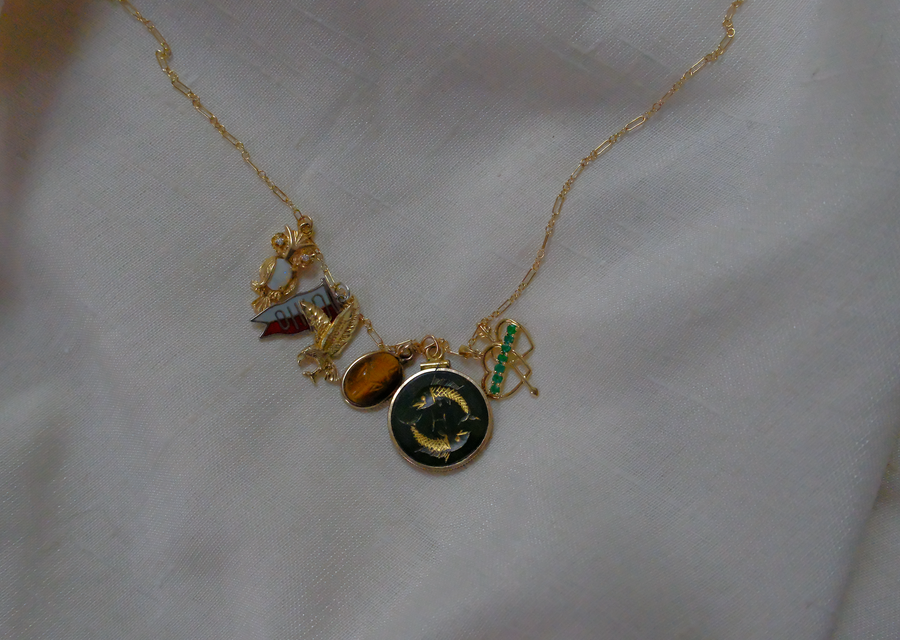 Vintage Gold-Filled Spinach Jade Intaglio Pisces Charm - Stone Cooper