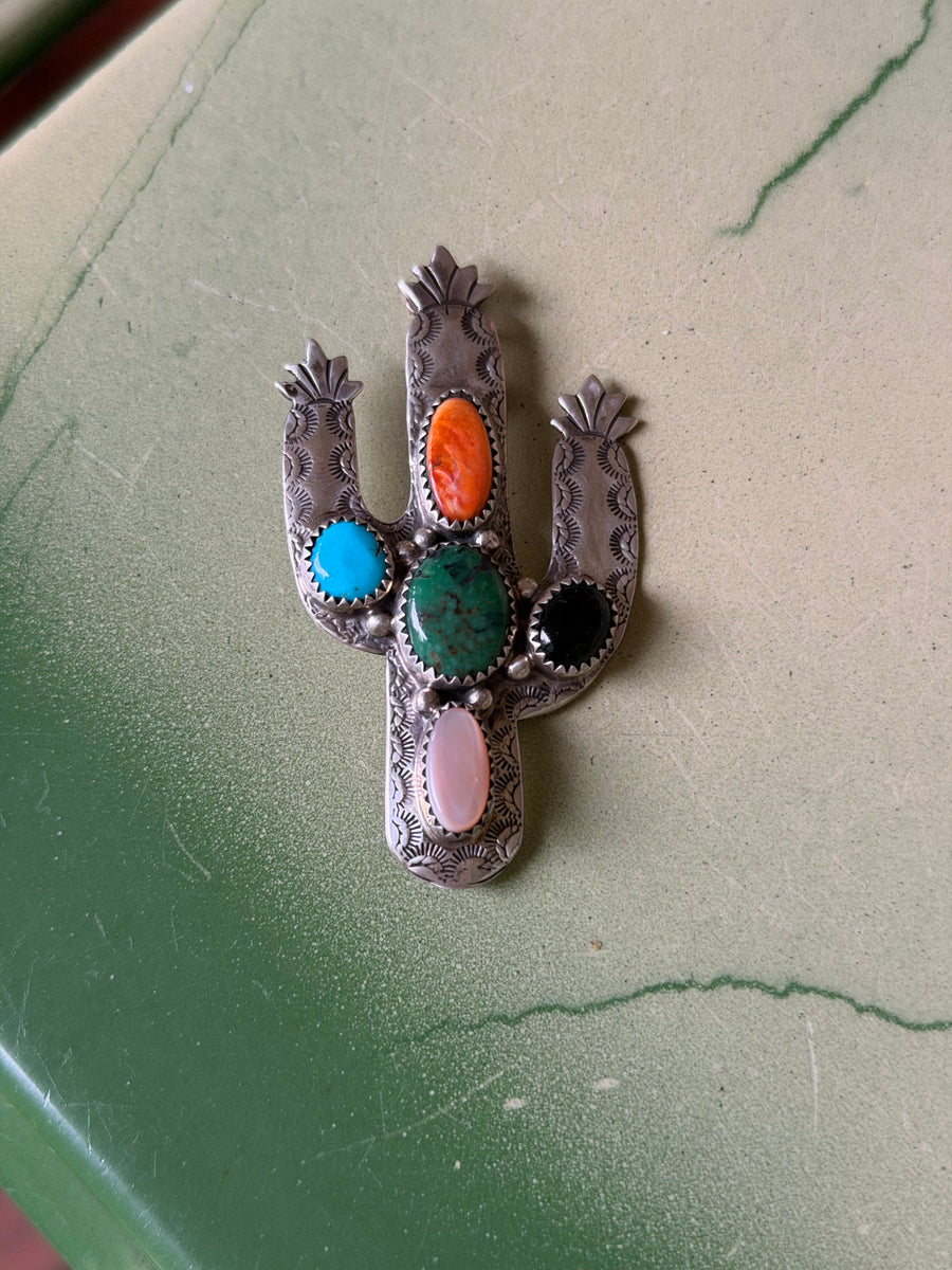 Vintage Sterling Silver Cactus Brooch with Gems