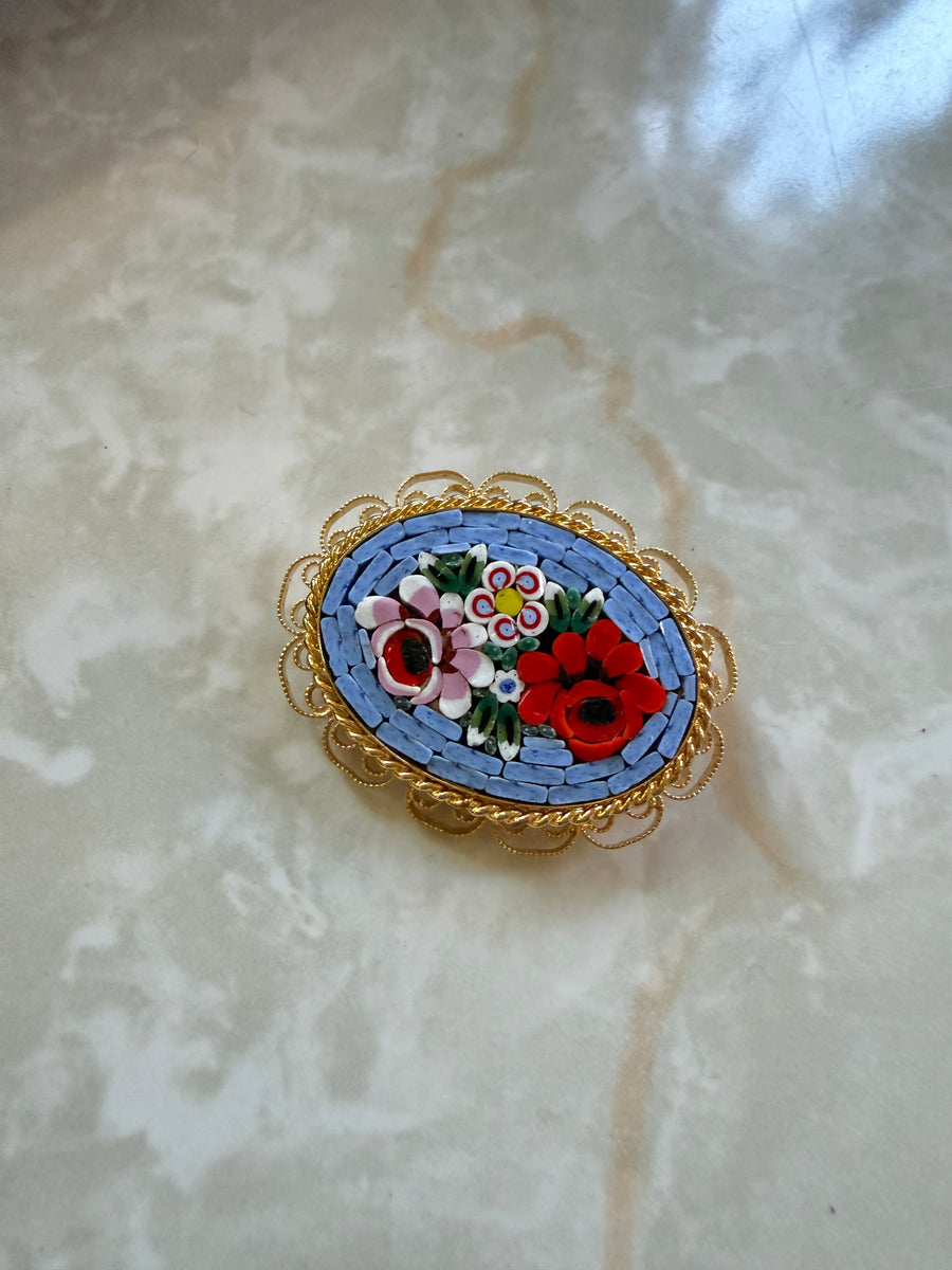 Vintage Micro-Mosaic Teal Bouquet Brooch