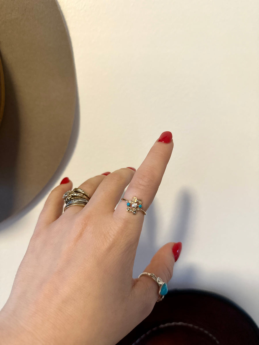 Turquoise, Seed Pearl, Rose-cut Diamond Ring (4.75)