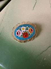 Vintage Micro-Mosaic Teal Bouquet Brooch