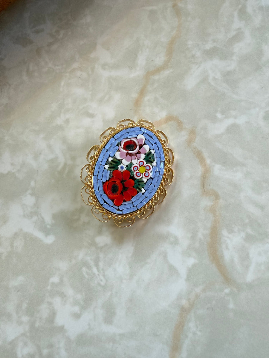 Vintage Micro-Mosaic Teal Bouquet Brooch