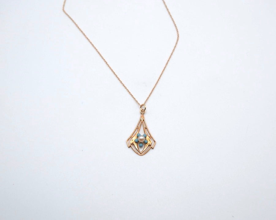 10K Antique Lavaliere Pearl Flower Necklace - Stone Cooper
