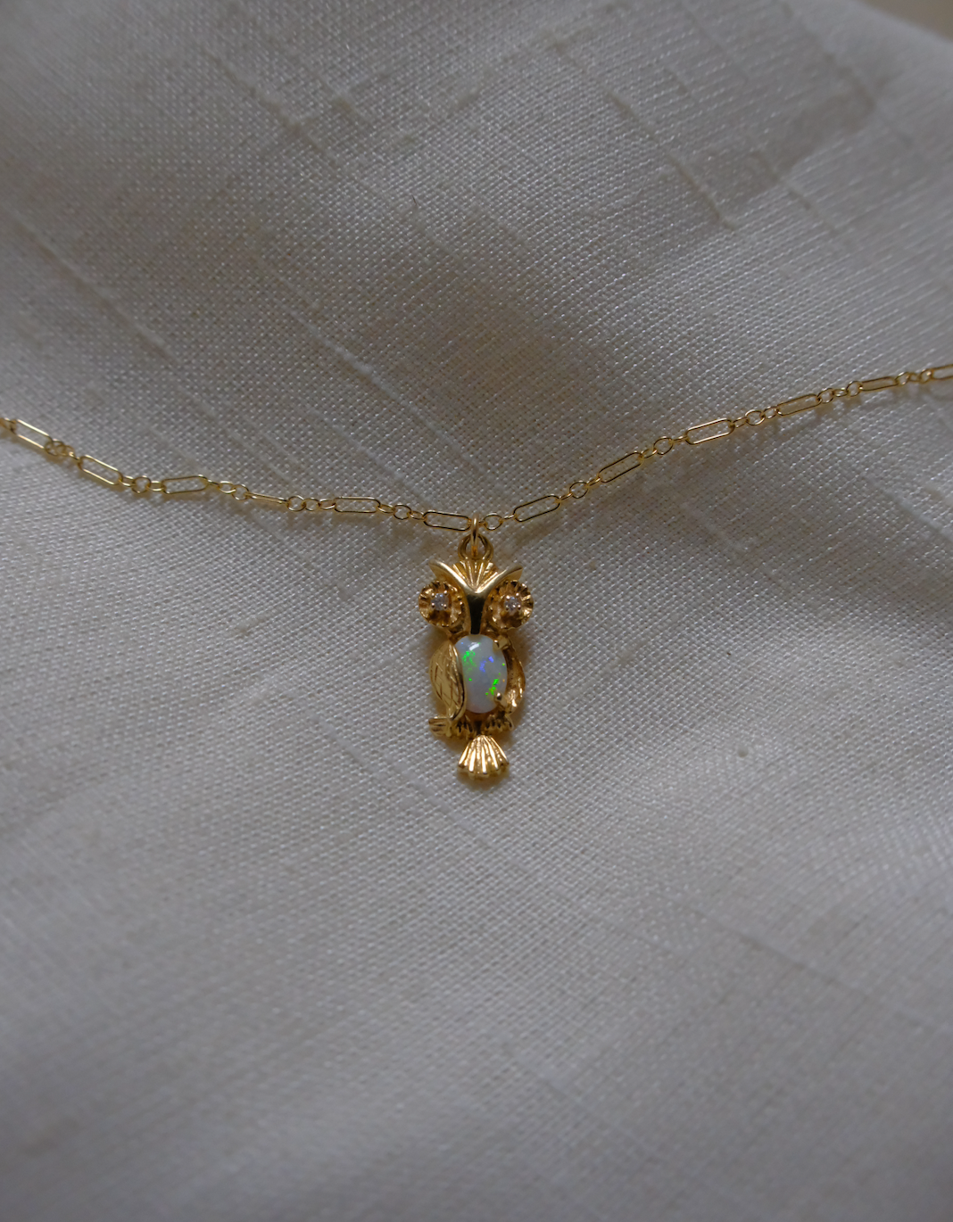 14K Opal Owl Charm with Diamond Eyes