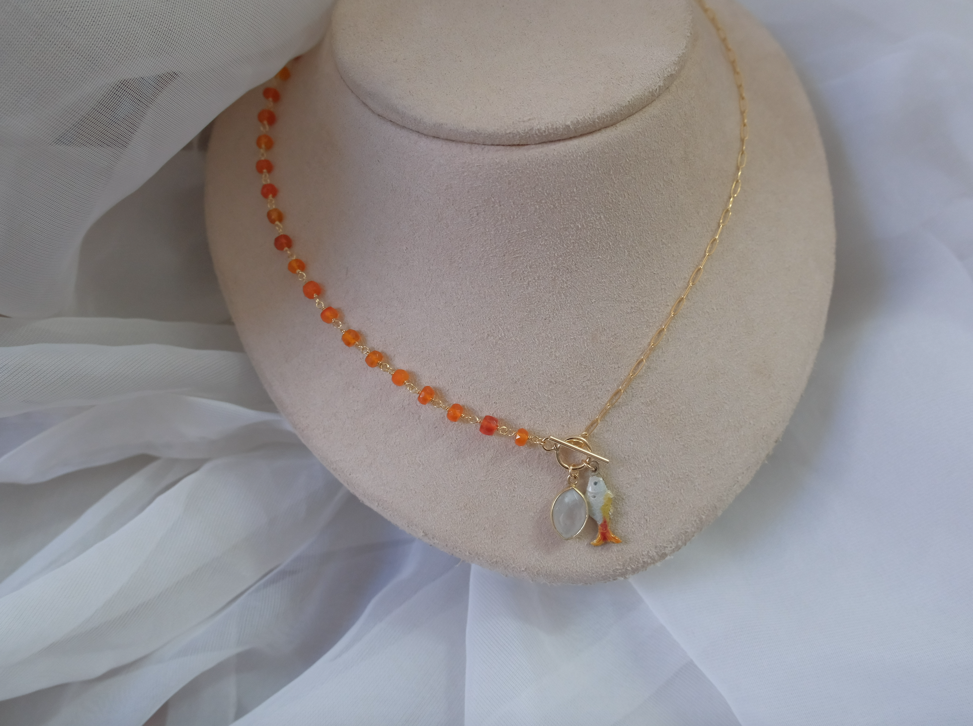 Lucky Fish Necklace (Carnelian & Moonstone)