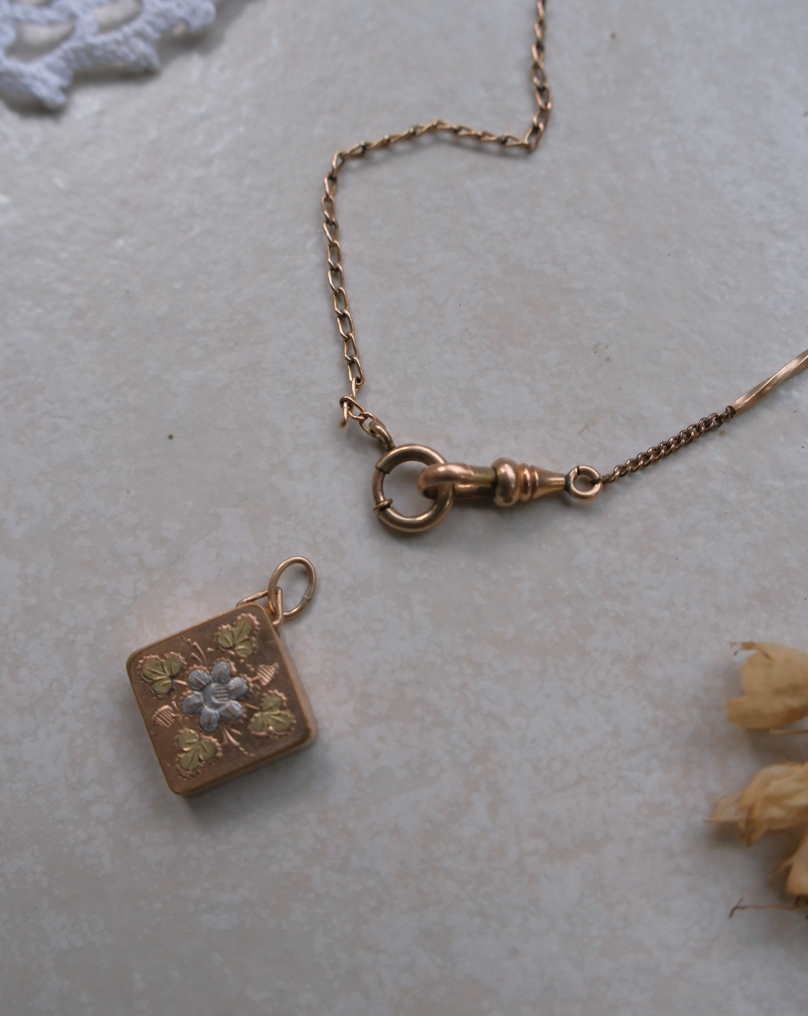 Margaret Gold-Filled Watch Chain, Floral Fob