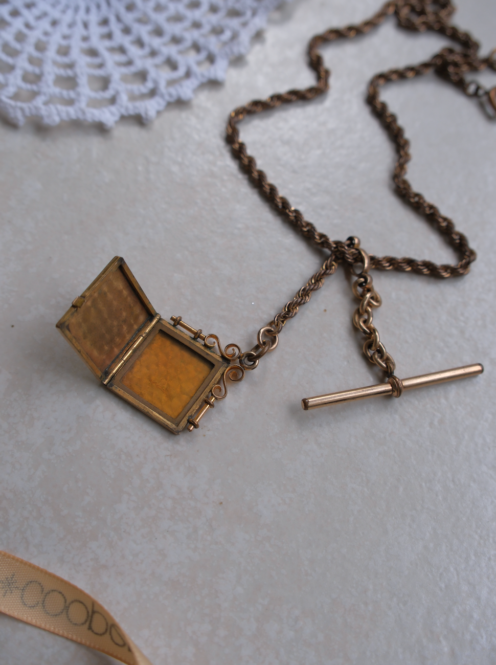 ** Double*. Antique Gold-Filled Square Locket, T-Bar Watch Chain