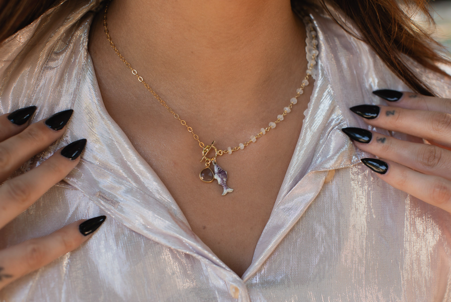 Lucky Purple Fish Necklace with Moonstone