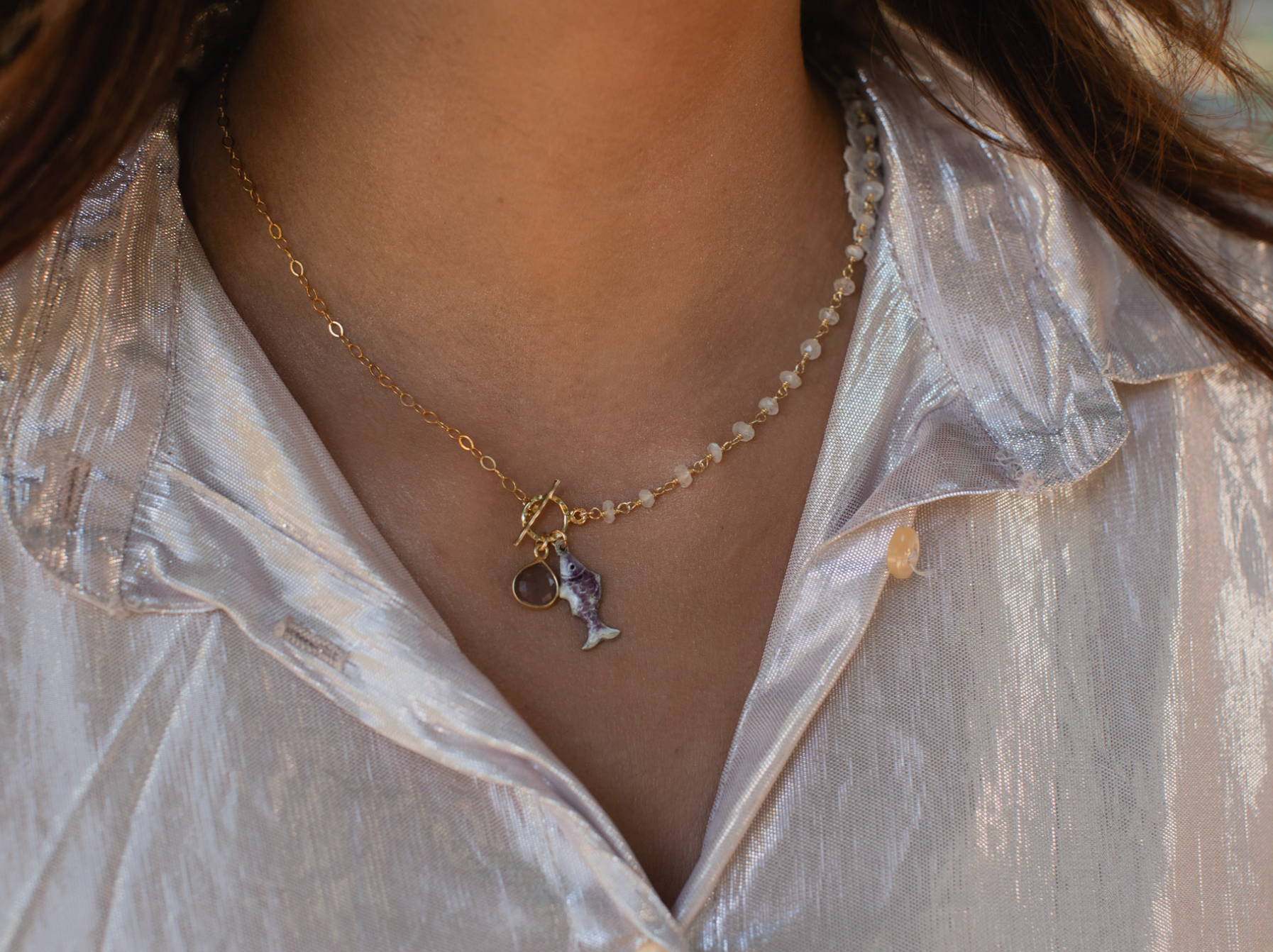 Lucky Purple Fish Necklace with Moonstone
