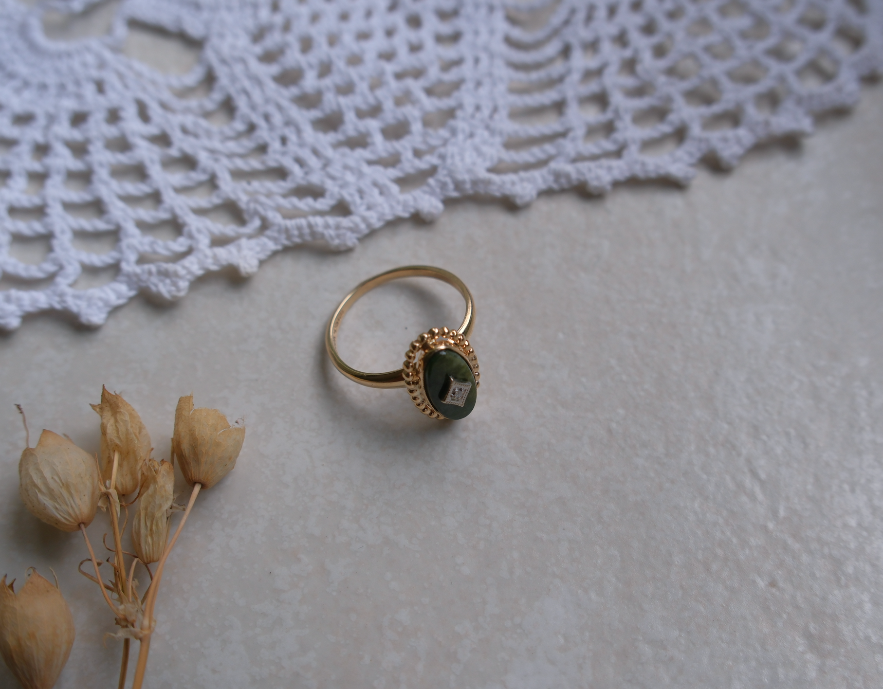 10K Jade Diamond Estate Ring (6.75)