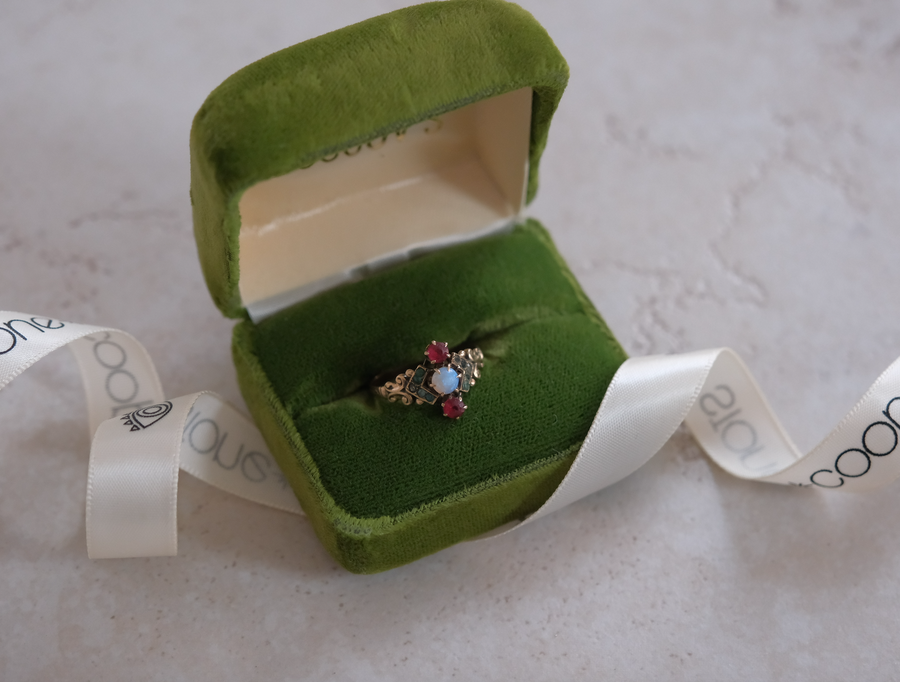 9K Victorian Opal, Garnet, Emerald Ring (7.5) - Stone Cooper