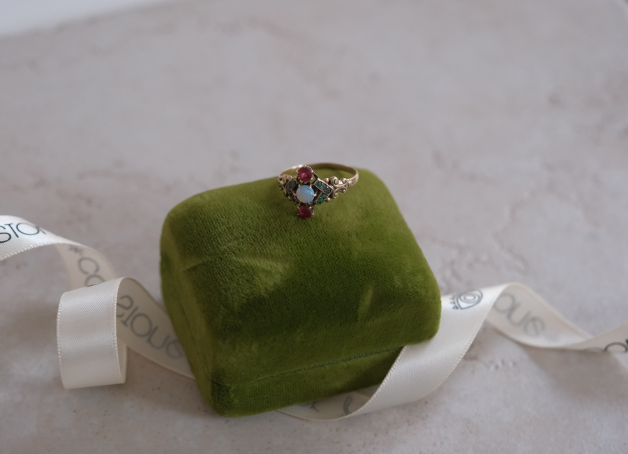 9K Victorian Opal, Garnet, Emerald Ring (7.5) - Stone Cooper