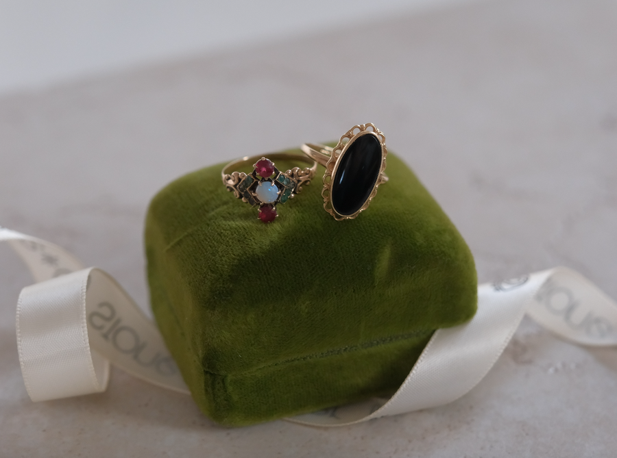 9K Victorian Opal, Garnet, Emerald Ring (7.5) - Stone Cooper