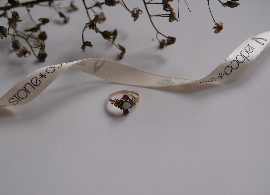 9K Victorian Opal, Garnet, Emerald Ring (7.5)