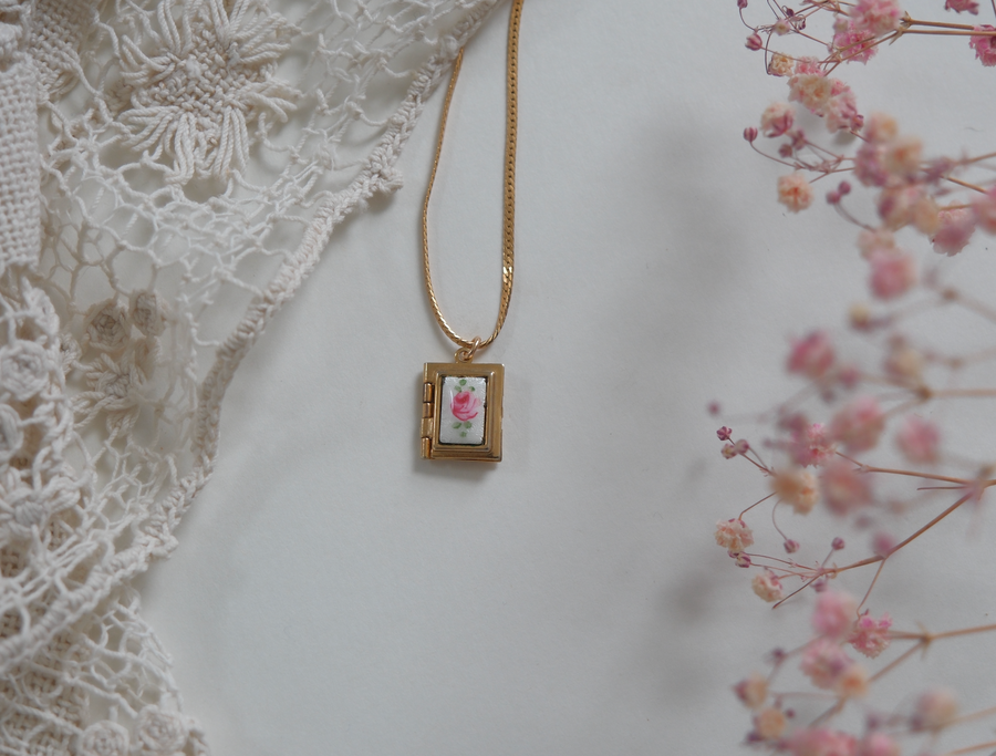 Rosa Guilloché Enamel Floral Book Locket