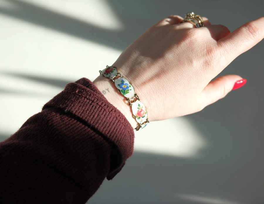 Enameled Antique Flower Sterling Bracelet - Stone Cooper
