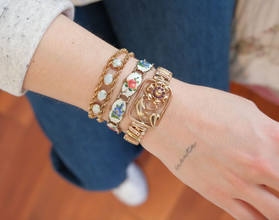 Enameled Antique Flower Sterling Bracelet - Stone Cooper