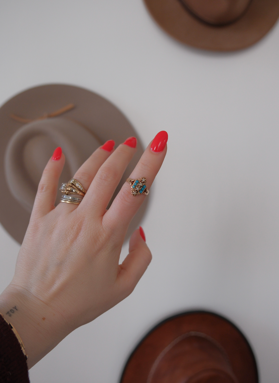 Victorian 14K Turquoise, Pearl Navette Ring (4.5) - Stone Cooper