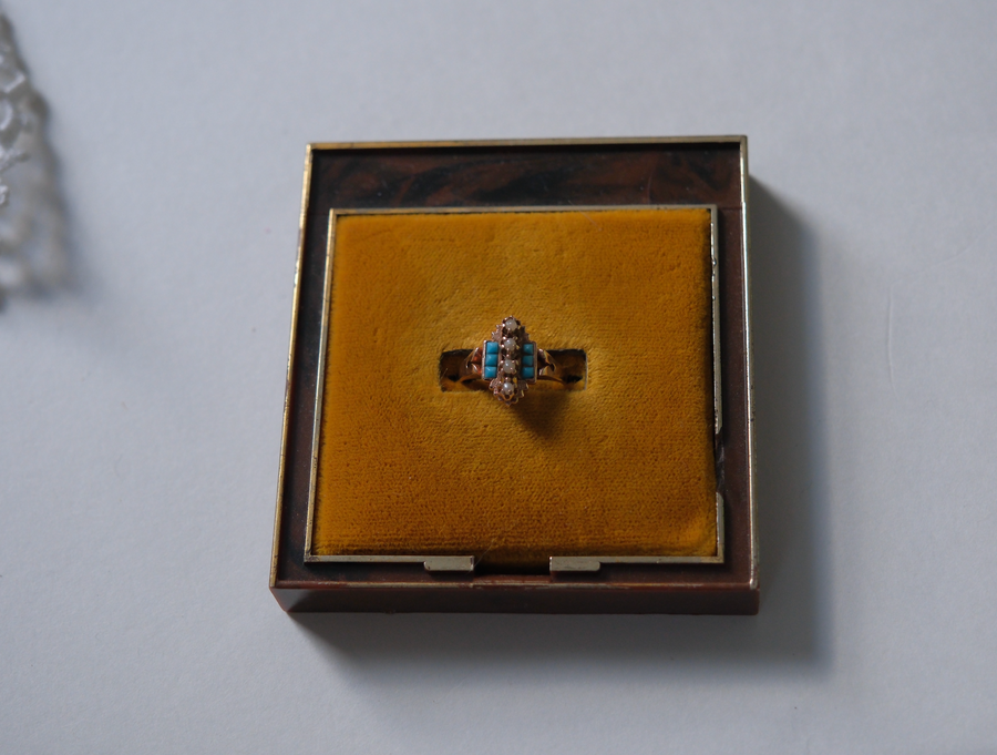 Victorian 14K Turquoise, Pearl Navette Ring (4.5) - Stone Cooper