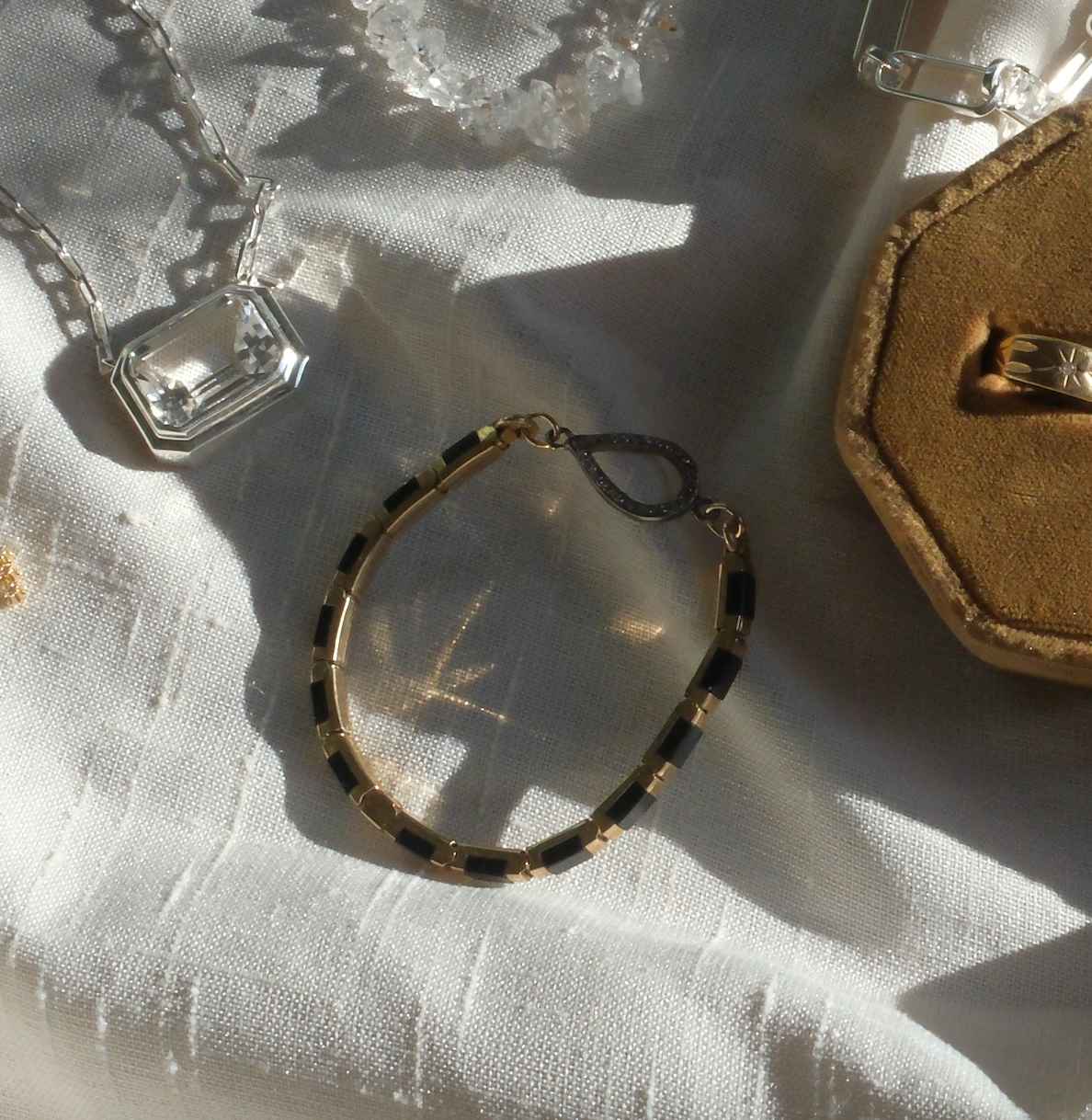 Diamond Pear Frame Vintage Watch-Band Bracelets (Gold-Fill & Black Inlay) - Stone Cooper