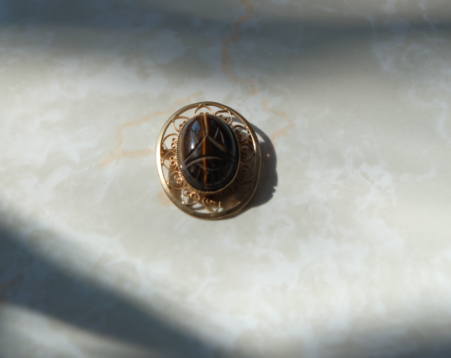 Vintage Gold-Fill Tiger's Eye Scarab Brooch
