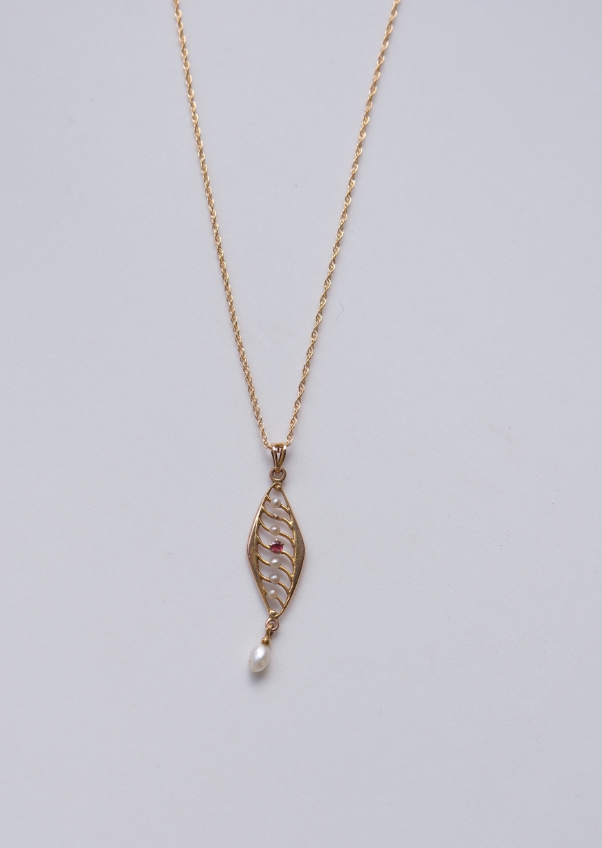 Ardys 10K Art Nouveau, Ruby and Pearl Lavalier Necklace - Stone Cooper