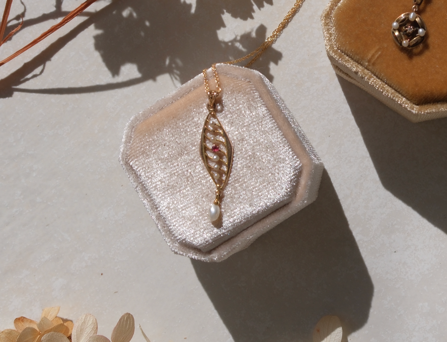 Ardys 10K Art Nouveau, Ruby and Pearl Lavalier Necklace - Stone Cooper