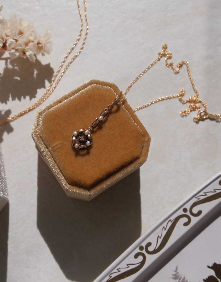 Iris 10K Art Nouveau Diamond and Pearl Lavalier Necklace - Stone Cooper