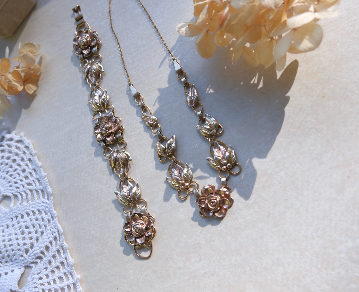 Phyllis Rose and Leaf Necklace, Bracelet Set - Stone Cooper