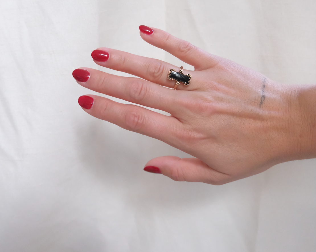 Art Deco Revival Onyx Ring, 10K, size 6.5