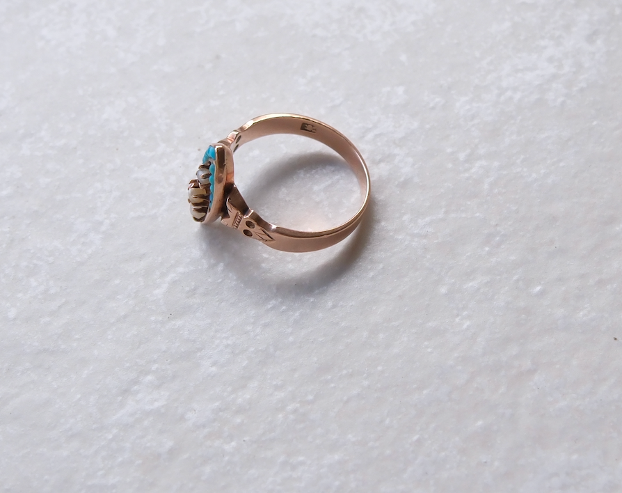14K Victorian Pearl and Turquoise Navette Ring (7.75) - Stone Cooper