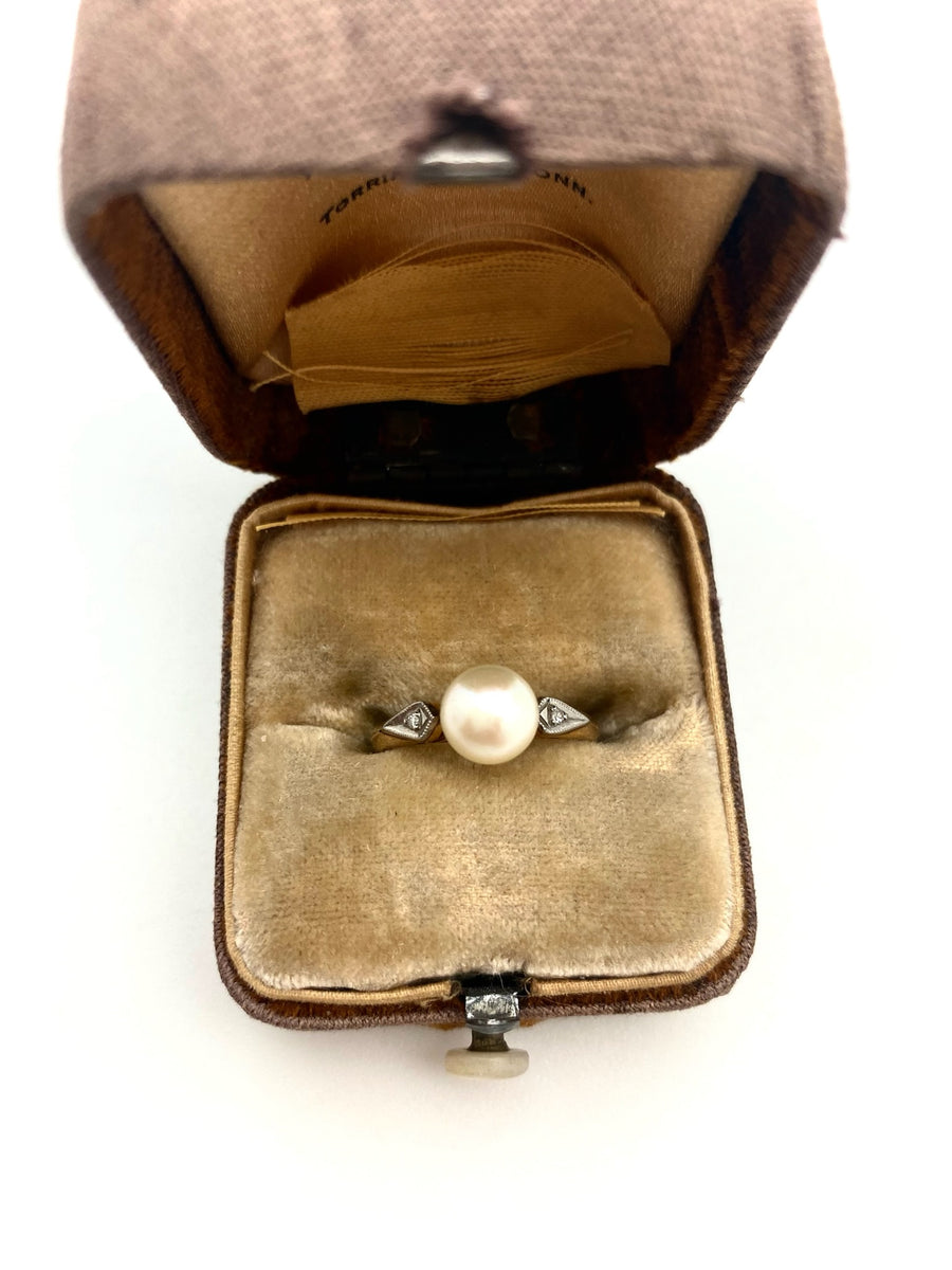 Pearl & Diamond Deco Pinky Ring (14K gold, size 4)